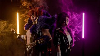 Portrait of two cosplayers in anime-style costumes holding tube lights against a black background with smoke radiating from them via the PMI Smoke Vest