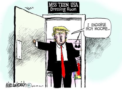 Political cartoon U.S. Trump Roy Moore endorsement sexual assault