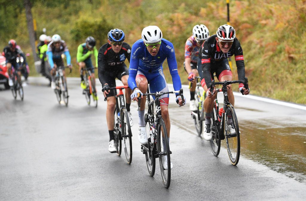 ROCCARASO ITALY OCTOBER 11 Kilian Frankiny of Switzerland and Team Groupama FDJ Ben Oconnor of Australia and NTT Pro Cycling Team Mikkel Bjerg of Denmark and UAE Team Emirates Breakaway during the 103rd Giro dItalia 2020 Stage 9 a 207km stage from San Salvo to Roccaraso Aremogna 1658m girodiitalia Giro on October 11 2020 in Roccaraso Italy Photo by Tim de WaeleGetty Images
