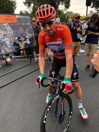 Elia Viviani in the leader's jersey at the Tour Down Under