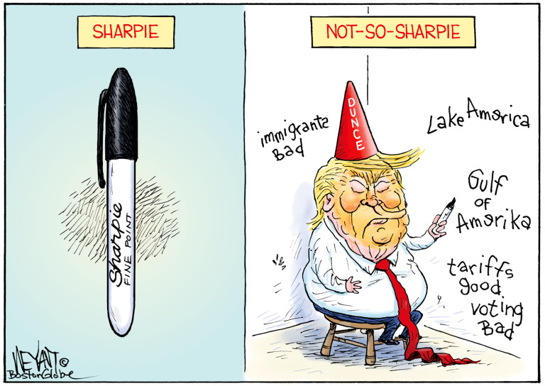 The left side of this political cartoon is labeled &amp;quot;Sharpie&amp;quot; and depicts a black marker. The right side is labeled &amp;quot;No-so-sharpie&amp;quot; and depicts Donald Trump in a corner with a dunce hat. He's drawing on the wall and his misspelled scribblings include &amp;quot;Gulf of Amerika&amp;quot; &amp;quot;tariffs good voting bad&amp;quot; &amp;quot;Lake America&amp;quot; and &amp;quot;immigrants bad&amp;quot;.