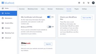Bluehost's security options within its user dashboard interface