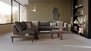 neutral living room with sage green wall panelling