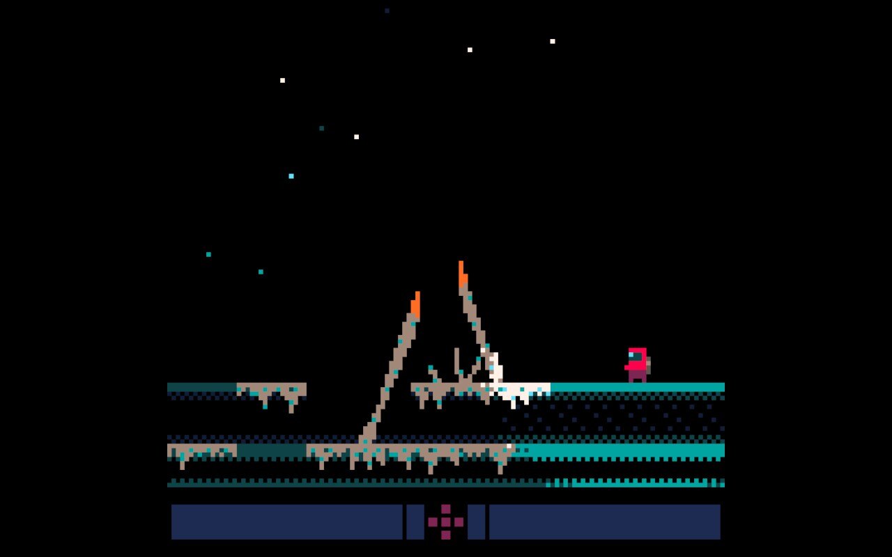 A small figure stands on a platform in front of giant spikes