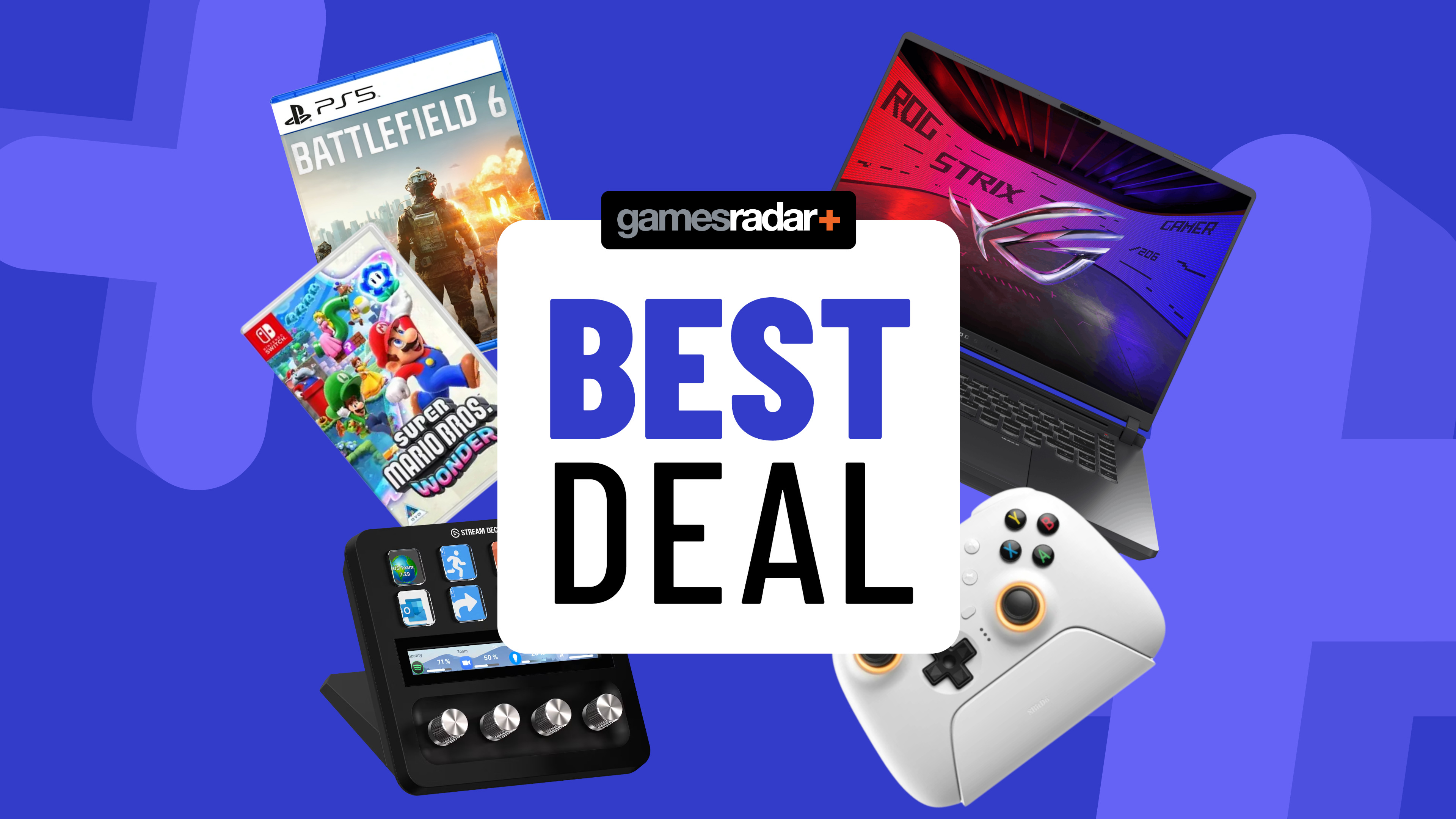 PS5 and Nintendo Switch games with gaming laptop, controller, and Stream Deck on a blue background