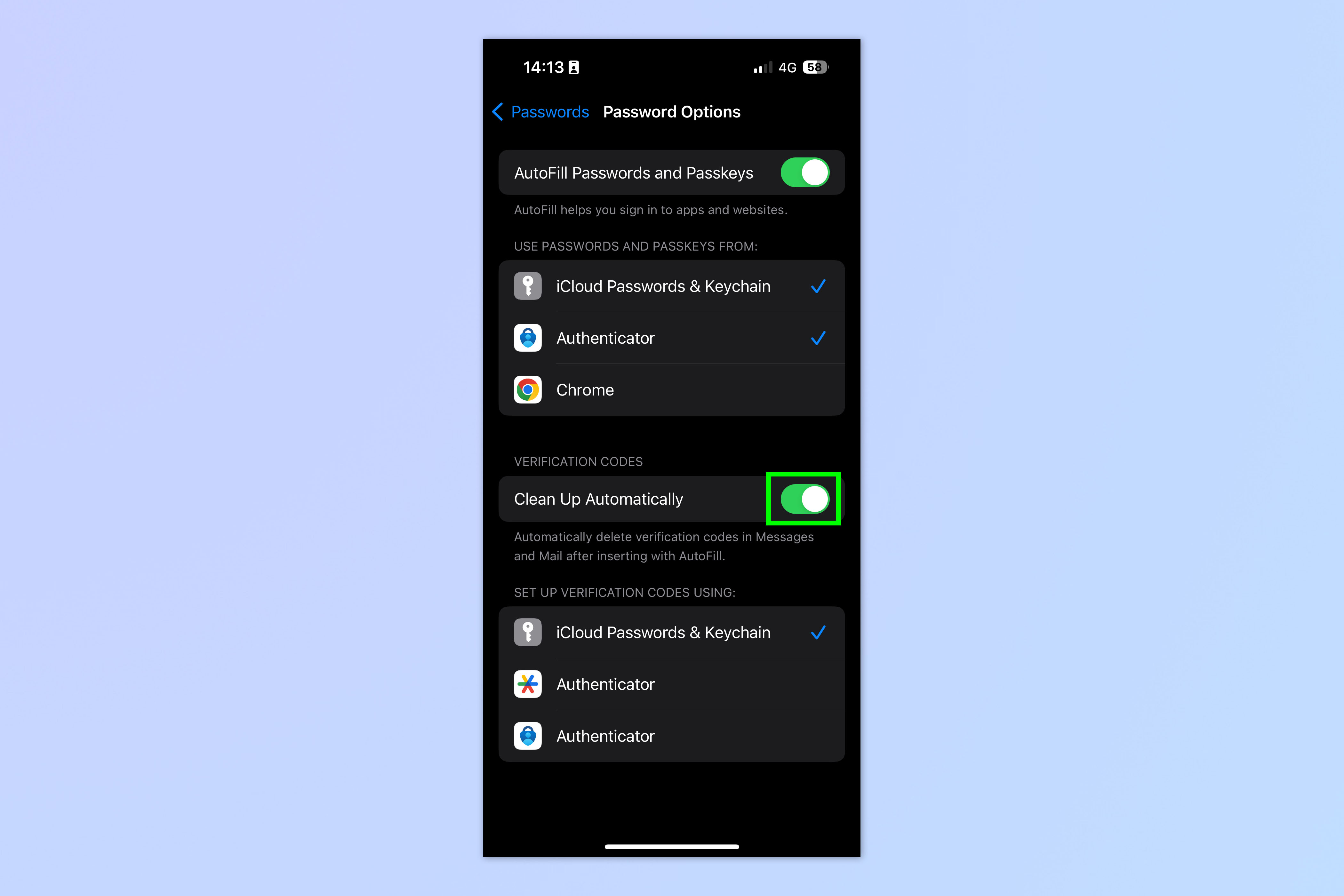 Una captura de pantalla que muestra cómo configurar la limpieza de código 2FA en iPhone