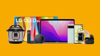 A selection of tech products on a yellow background