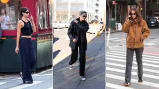 Kaia Gerber, Gigi Hadid, and Emily Ratajkowski style black sneakers in New York City.