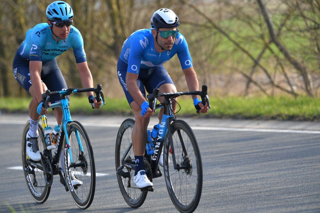 DE PANNE BELGIUM MARCH 24 Lluis Mas Bonet of Spain and Movistar Team Davide Martinelli of Italy and Team Astana Premier Tech during the 45th Oxyclean Brugge De Panne 2021 Men Classic a 2039km race from Brugge to De Panne Breakaway OxycleanClassic on March 24 2021 in De Panne Belgium Photo by Luc ClaessenGetty Images