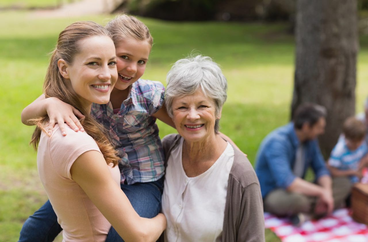 Grandmother, mother and daughter with family in background at park