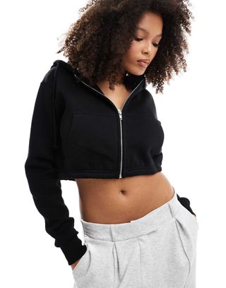 Pull&bear Cropped Drawstring Hoodie in Black