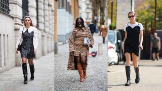 how to style knee-high boots with mini dresses street style