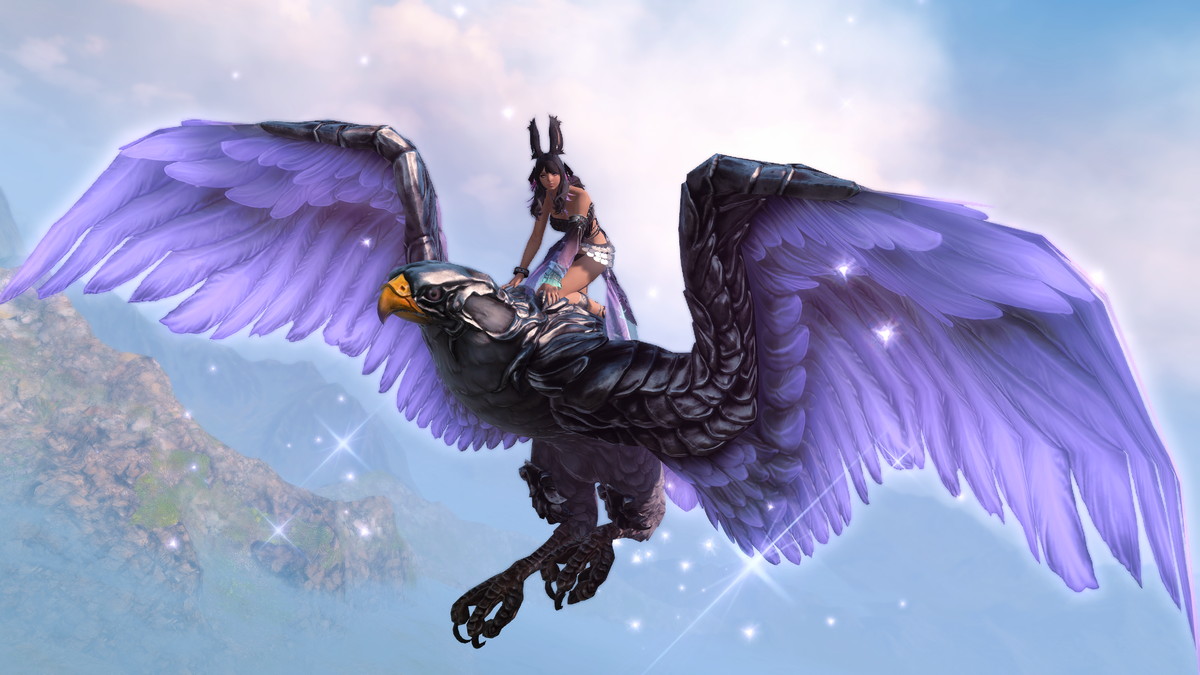 Final Fantasy 14 - A player riding a large bird mount with purple wings