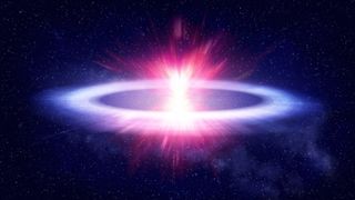 An illustration showing a bright pink flare surrounded by a pancake-flat shock wave