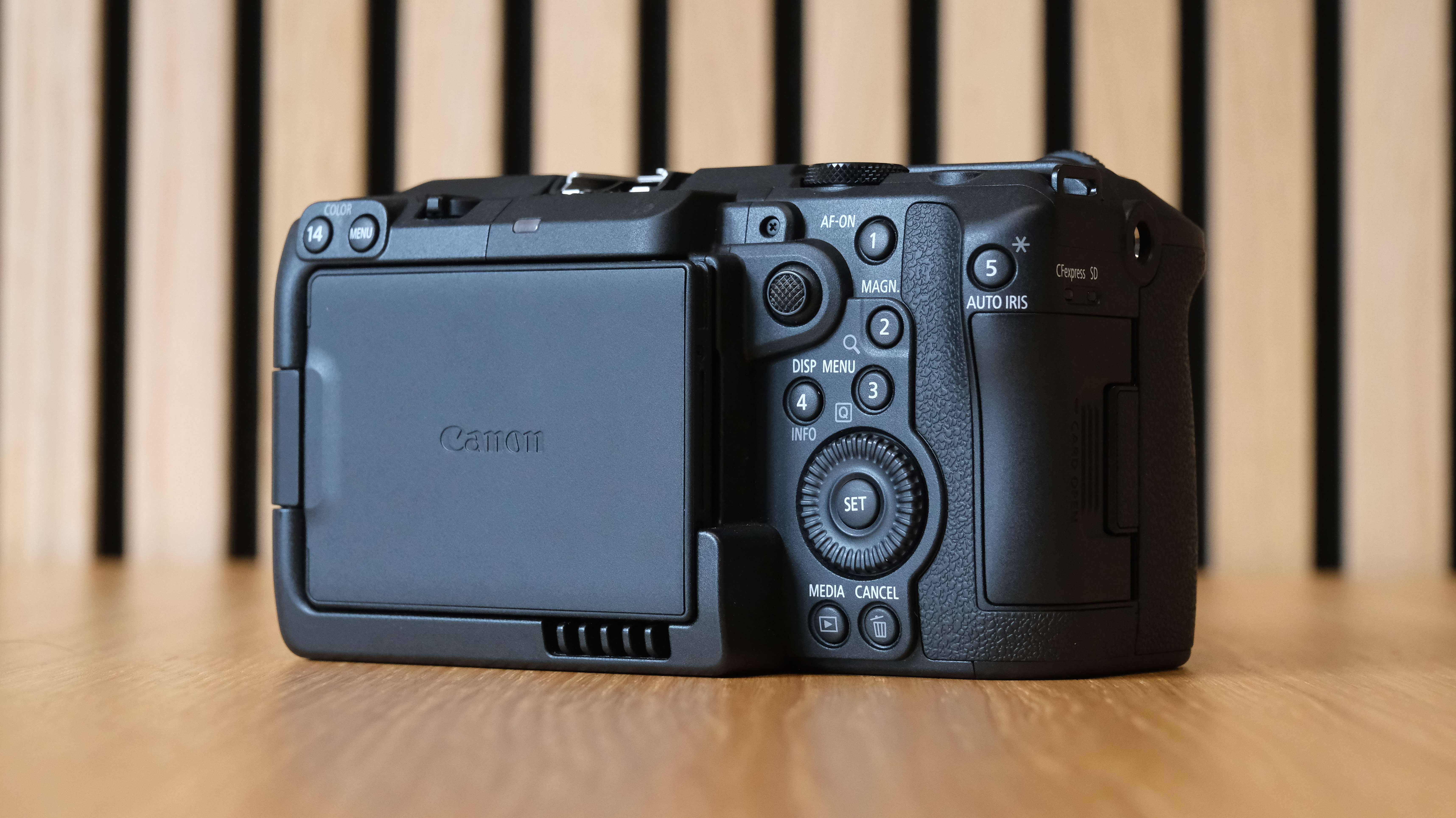 Canon EOS C50 against a striped wooden background