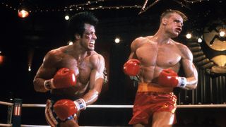 Sylvester Stallone punches Dolph Lundgren in a scene from the film 'Rocky IV', 1985.