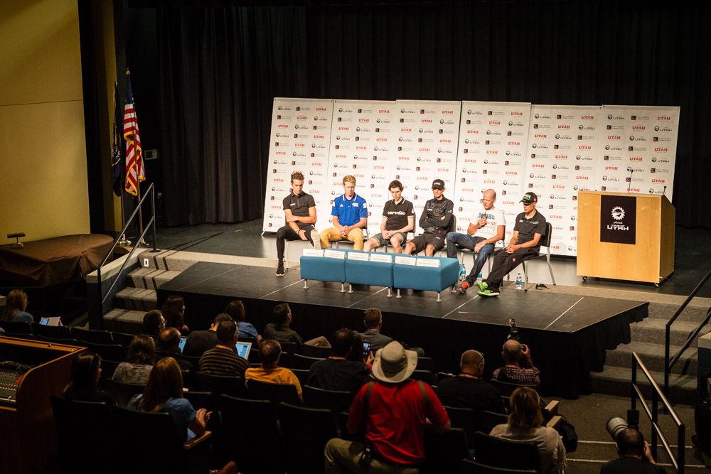 The mens lineup for todays pre-race press conference.