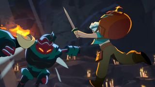 An animated character with a backpack and sword lunges toward a dark, armored creature with glowing red eyes and flames in a dimly lit cavern.