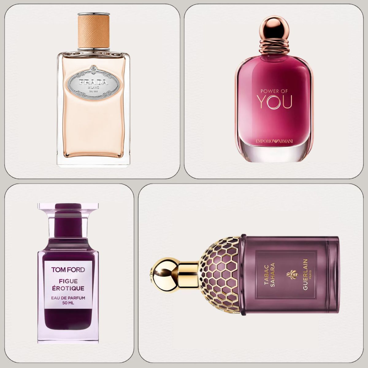 A collage of new-in perfumes from Prada, Armani, Tom Ford and Guerlain