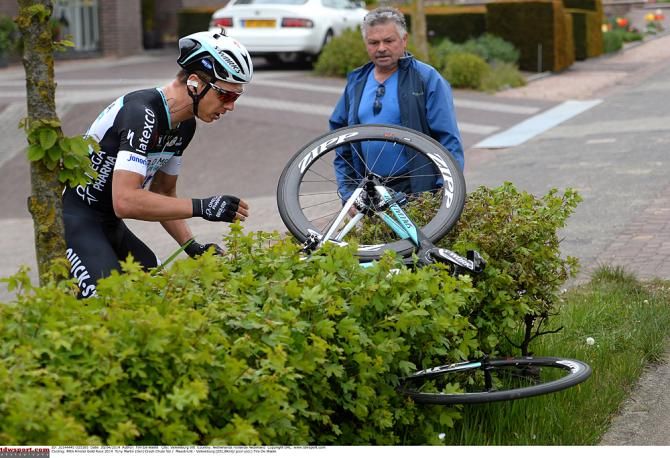 Tony Martin took a tumble during the Amstel Gold Race and had to extract his bike from a hedge