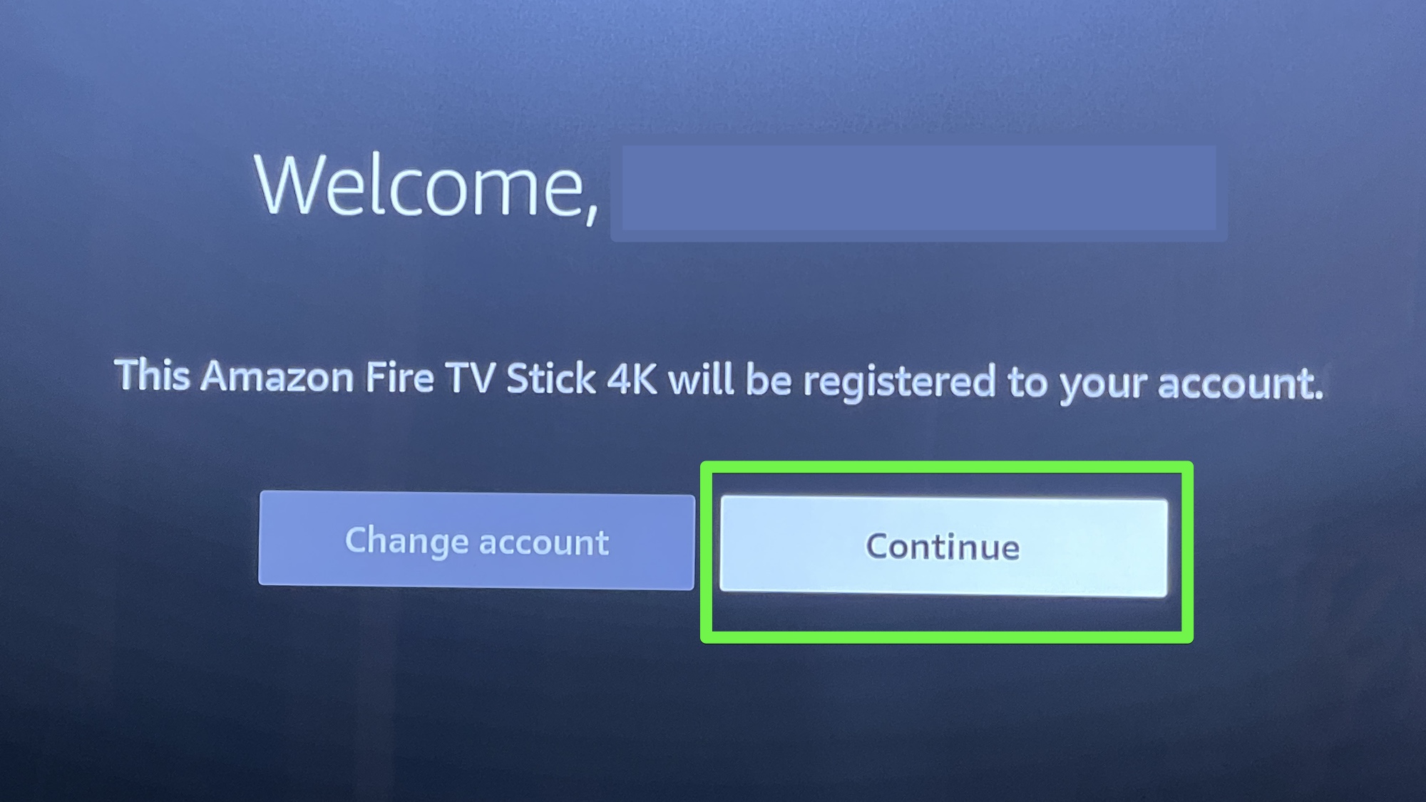 the fire tv setup screen asking to proceed to log into your account by clicking continue