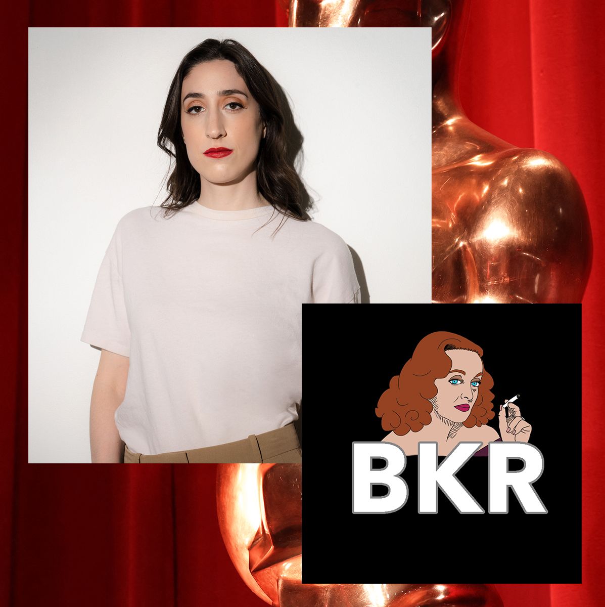 A graphic featuring a sideways image of the Hollywood sign, a portrait of a woman in a white shirt (Be Kind Rewind creator Izzy Custodio), the Be Kind Rewind channel logo, and an Oscar statuette in front of a red curtain.