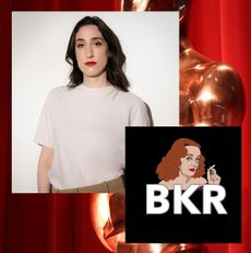 A graphic featuring a sideways image of the Hollywood sign, a portrait of a woman in a white shirt (Be Kind Rewind creator Izzy Custodio), the Be Kind Rewind channel logo, and an Oscar statuette in front of a red curtain.