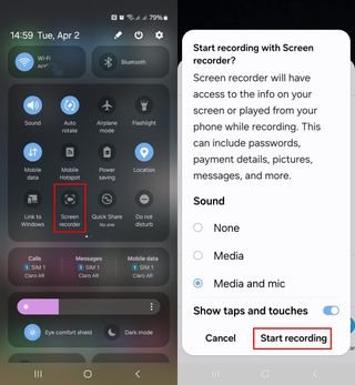Screen recording option in quick setting on a Galaxy phone