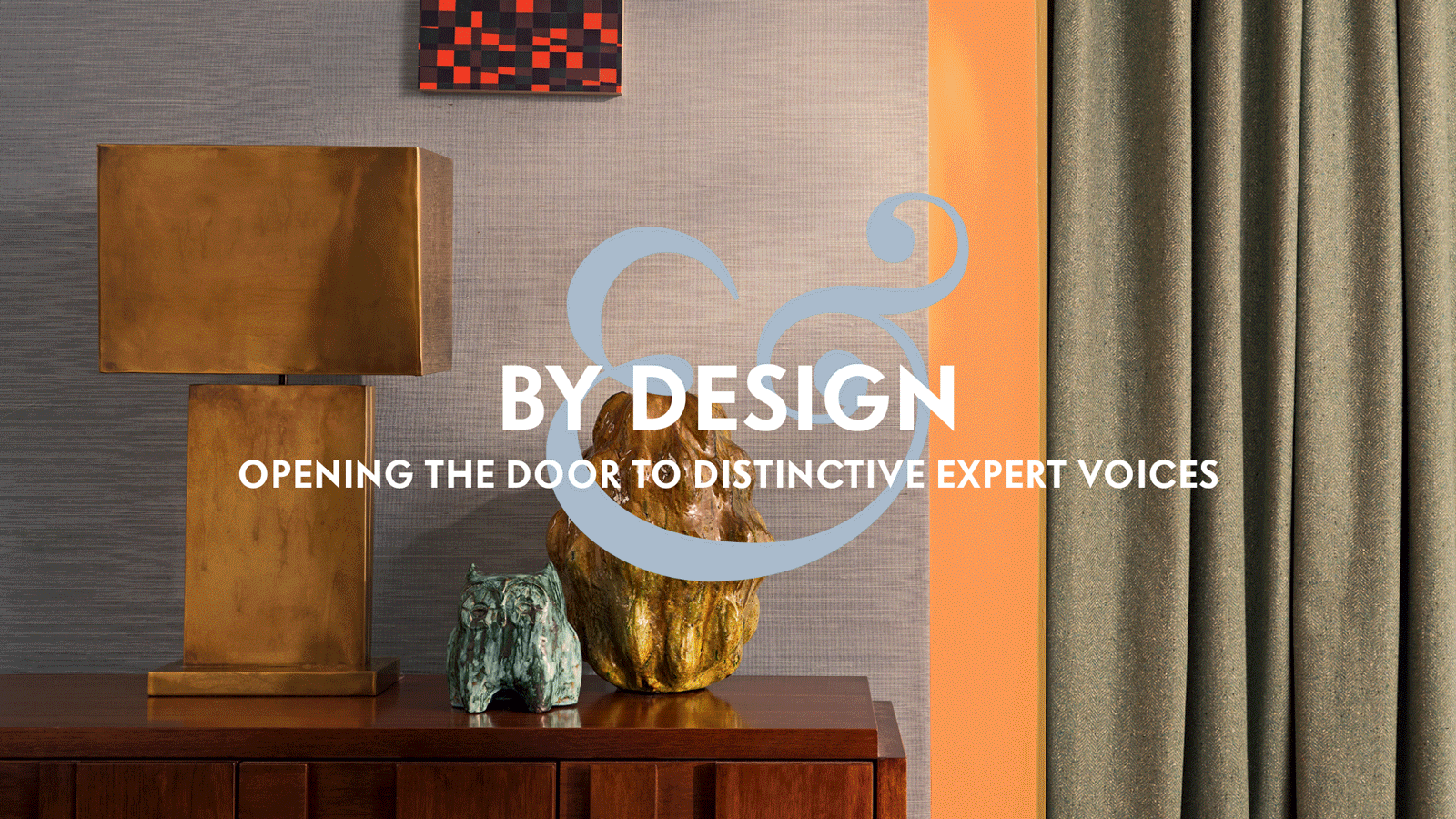 Moving gif image of interior lifestyle shots, By Design logo sitting on top