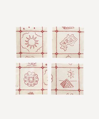 Re-Work Cocktail Napkins in Red Border Print- Set of Four