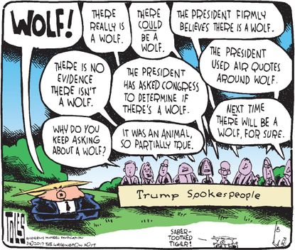 Political cartoon U.S. Donald Trump cries wolf wiretapping accusation lies