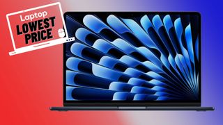 Midnight Apple M4 MacBook Air ;laptop against red, white, and blue gradient background with lowest price laptop badge.