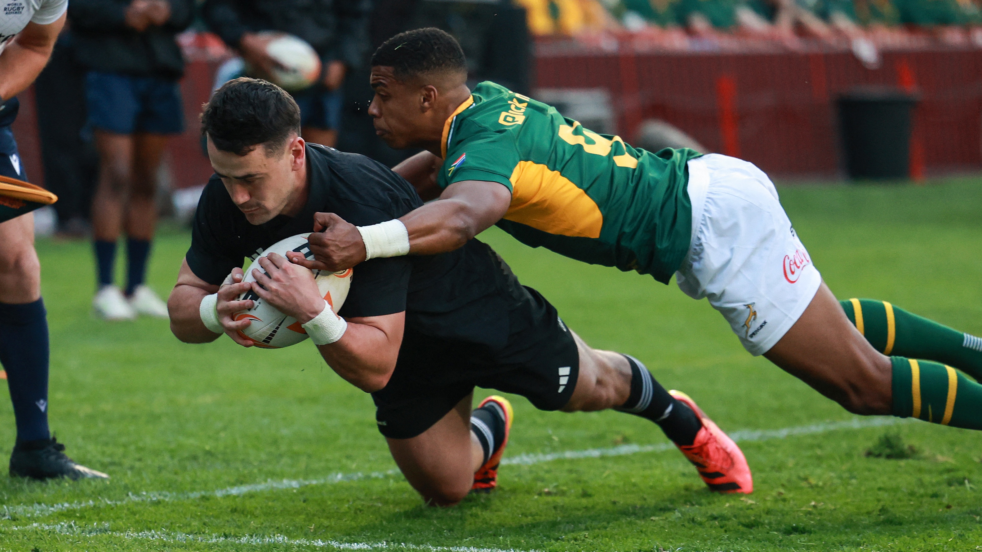 New Zealand wing Will Jordan dives to score a try during the Rugby's Greatest Rivalry international rugby union match against South Africa at Ellis Park Stadium in Johannesburg, on August 22, 2026
