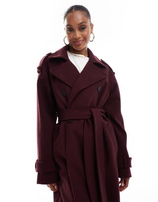 Asos Design Tall Formal Faux Wool Trench Coat in Burgundy