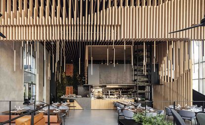 Restaurant and kitchen, wooden architectural framework and designs with low hanging lighting