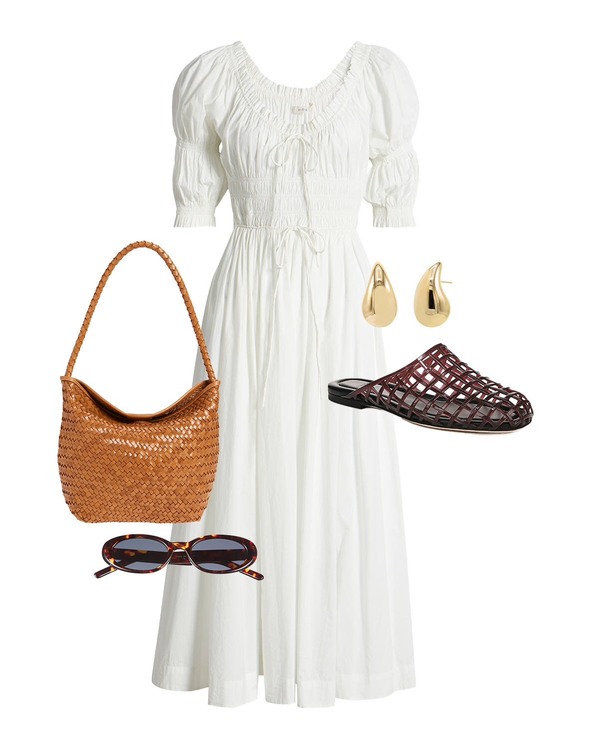 collage of white dress, jelly flats, woven bag, gold earrings