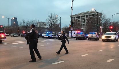 Police officers outside of Mercy Hospital in Chicago.