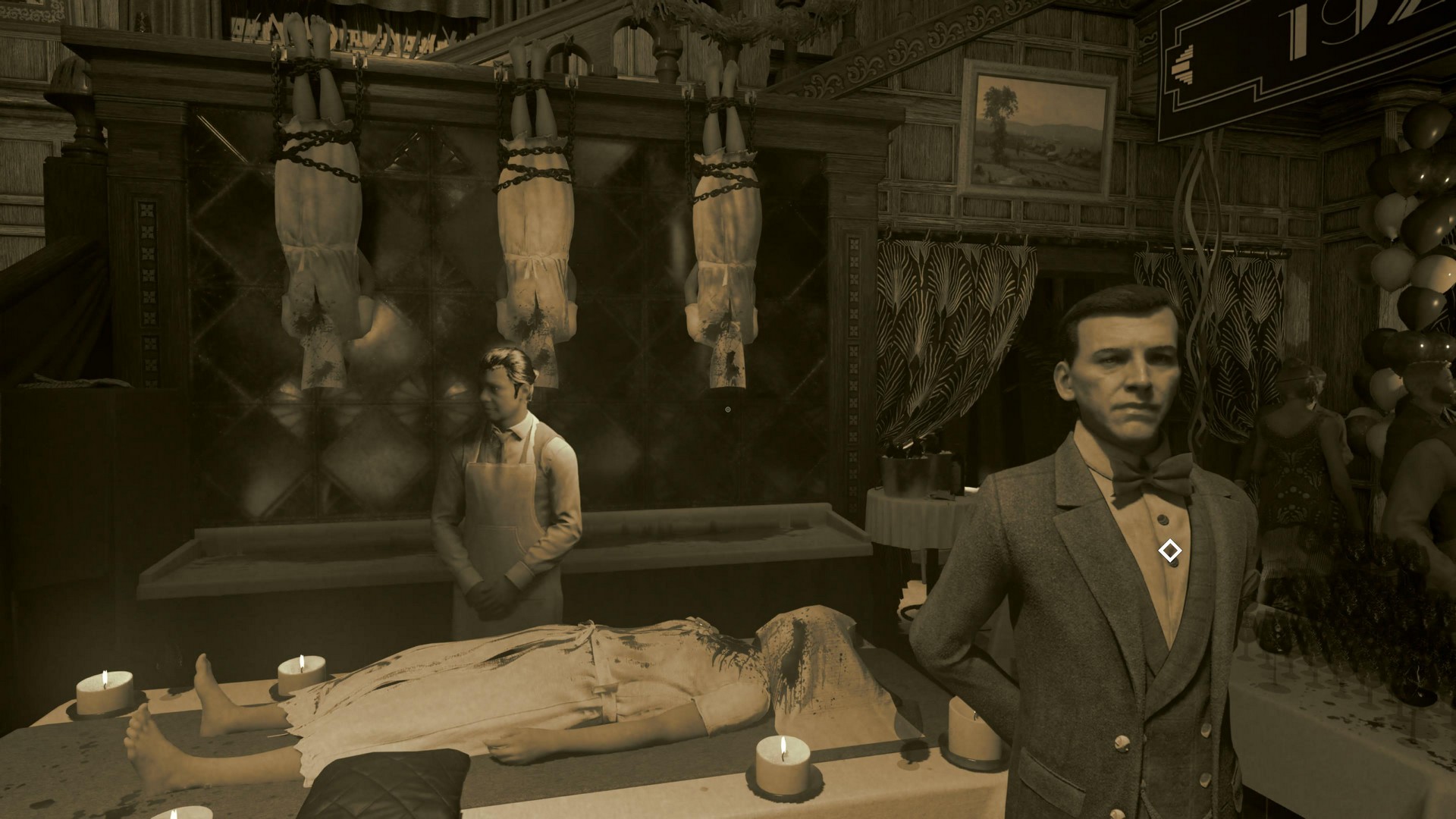A party at Lou Graham&#039;s penthouse in VTM Bloodlines 2, where corpses are presented at a bar for vampires to dine on