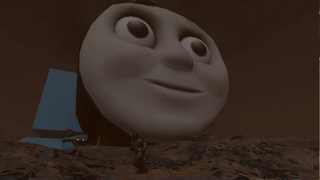 Thomas the Tank Engine, a locomotive cursed with a face and sapience, looms over a planet in Starfield.