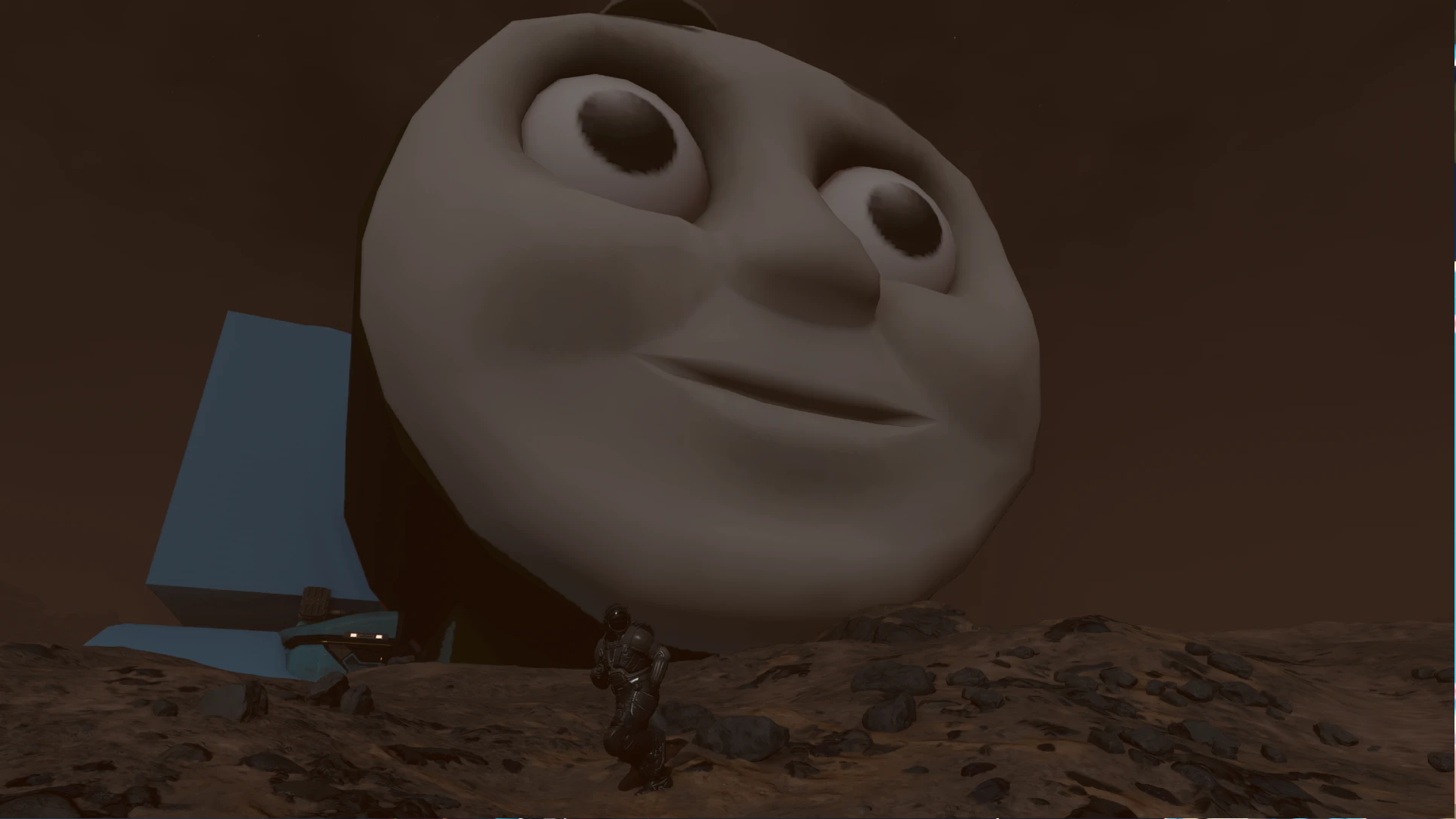Thomas die kleine Lokomotive, eine Lokomotive, die mit einem Gesicht und einem Fluch über Klugheit verflucht ist, ragt über einem Planeten in Starfield auf.