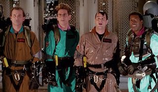 Bill Murray, Harold Ramis, Dan Aykroyd, and Ernie Hudson as The Ghostbusters