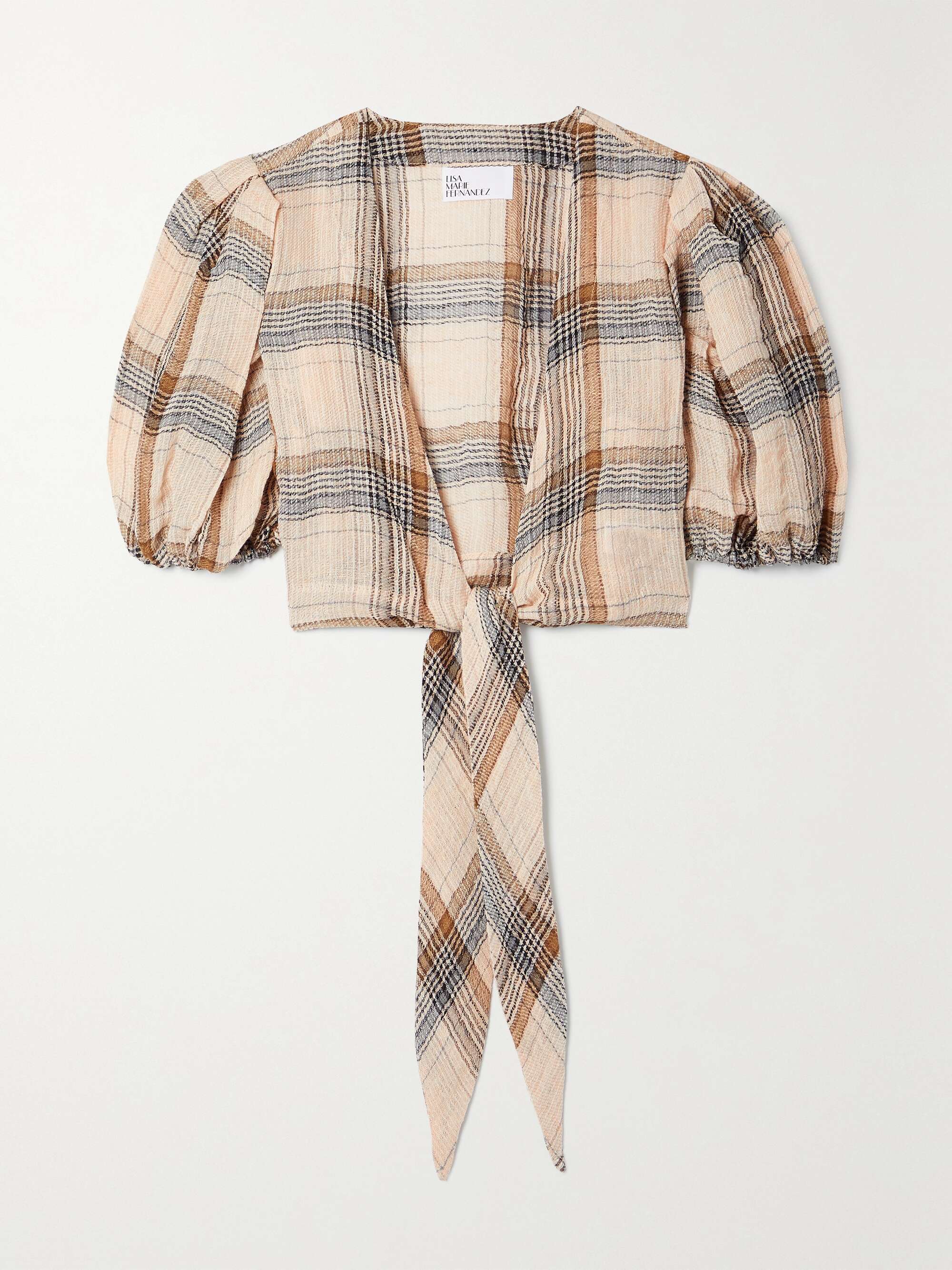+ Net Sustain Pouf Cropped Tie-Front Checked Linen-Blend Gauze Top