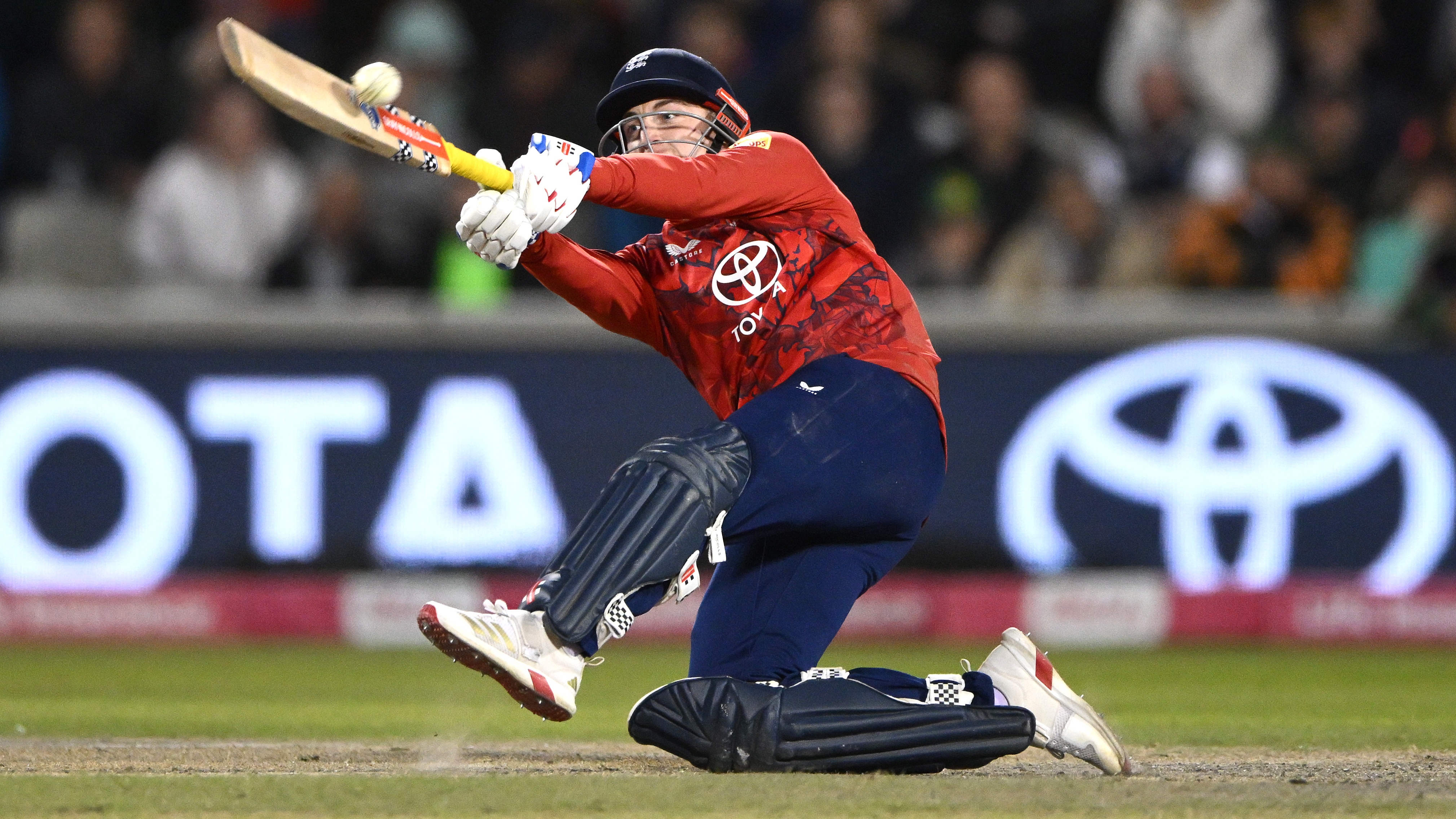 England batsman Harry Brook plays his falling over scoop shot for four runs during the 2nd Viatlity IT20 match between England and South Africa at Emirates Old Trafford on September 12, 2025 in Manchester, England.