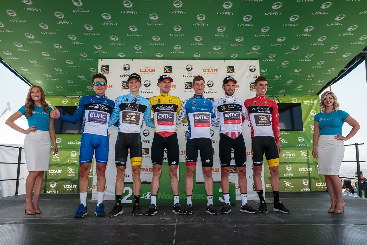 The jersey holders: Sergei Tvetcov, Nielson Powless, Tejay van Garderen, Tom Bohli, Joey Rosskopf and Pascal Eenkhoorn