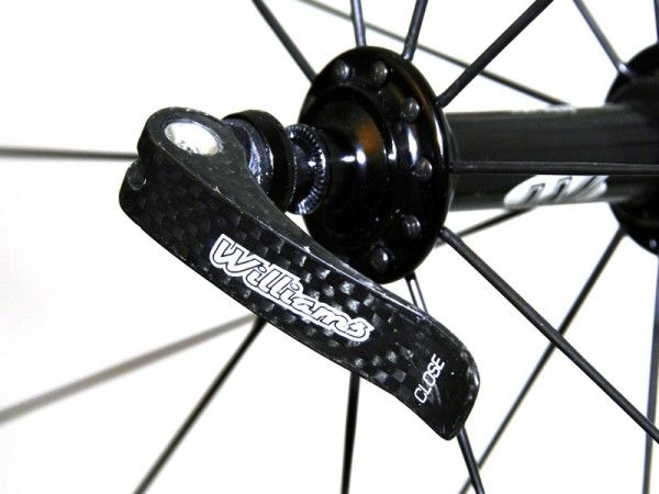 The included skewers feature titanium shafts and carbon levers.