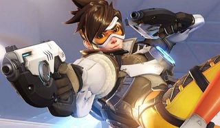 Tracer leaps through the air in Overwatch