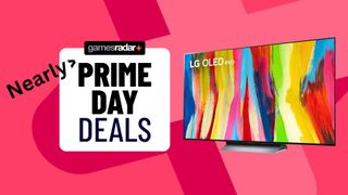 LG OLED C2 deals image with a Prime Day deals stamp that has a clearly edited bit of text saying "nearly" next to it