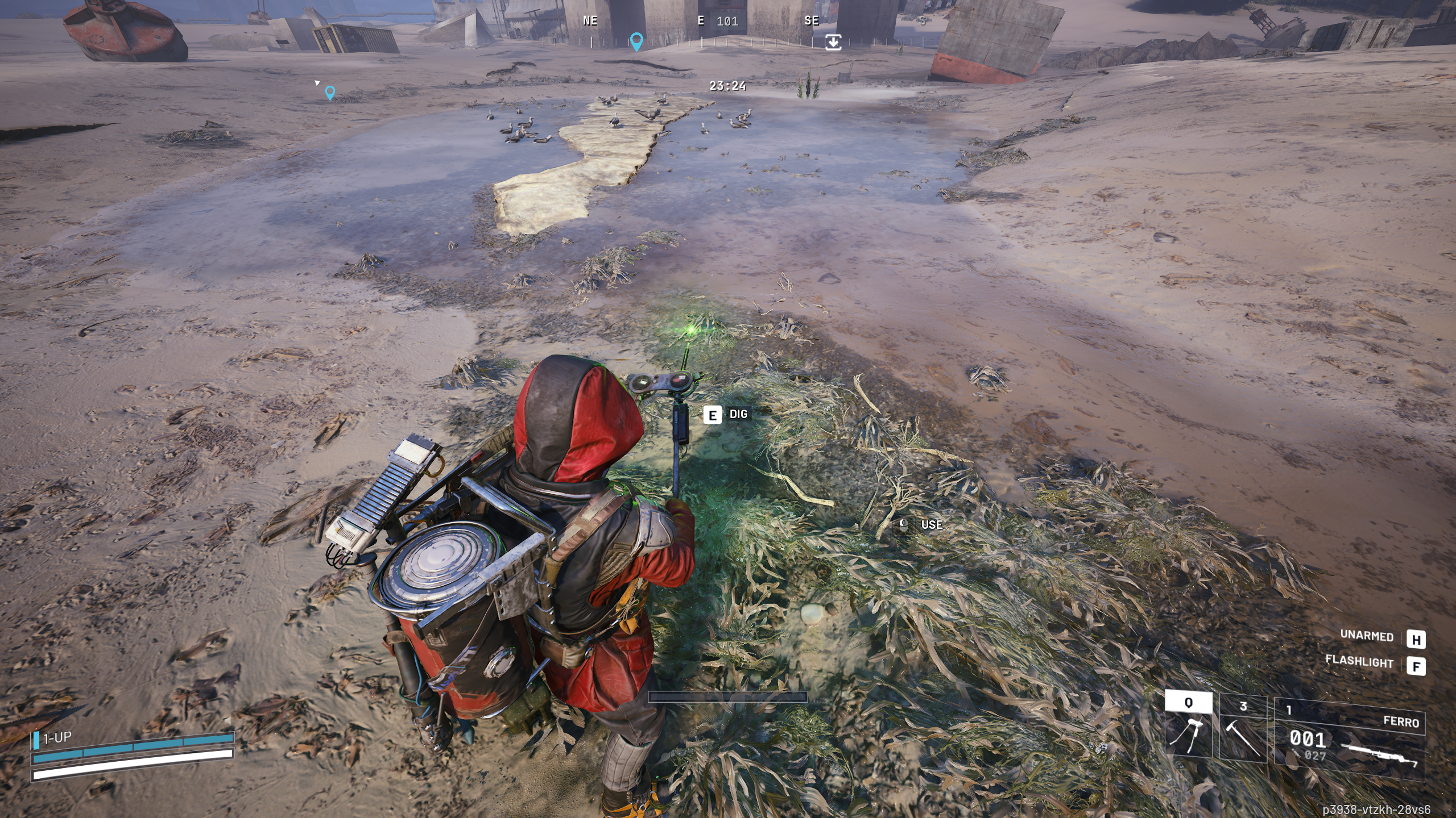 Arc Raiders Beachcombing: A player holding the Dockmaster's Detector as it glows green to find treasure on the beach.