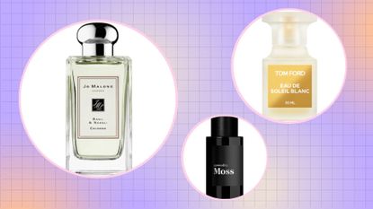 spring perfumes from Jo Malone Commodity and Tom Ford/ in a purple, orange and cream check template
