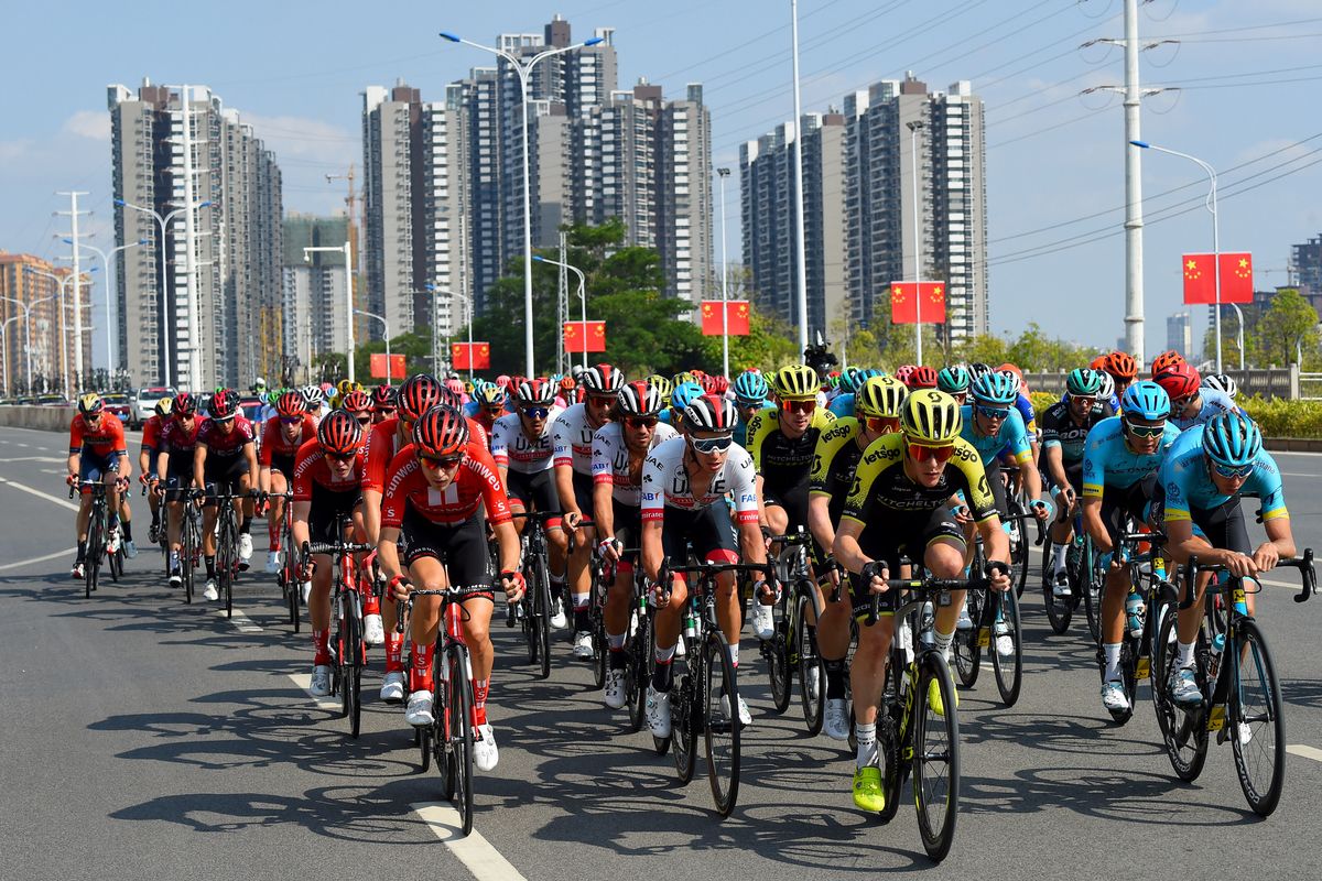 The sprinters's teams prepare for the sprint on stage 3 of the Tour of Guangxi
